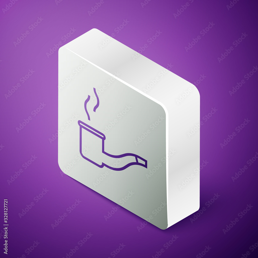 Isometric line Smoking pipe with smoke icon isolated on purple background. Tobacco pipe. Silver squa