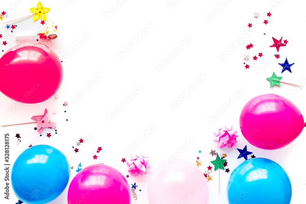 Party concept. Colorful balloons and confetti on white background top-down frame copy space