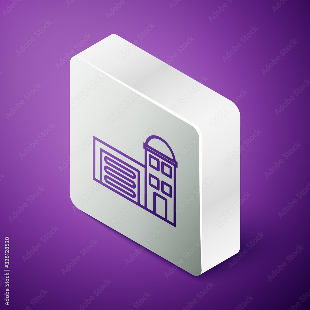 Isometric line Building of fire station icon isolated on purple background. Fire department building