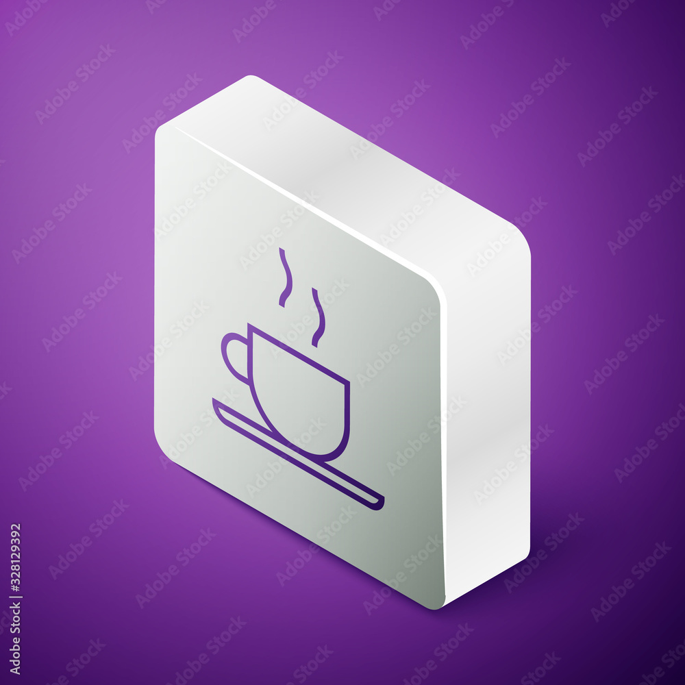 Isometric line Coffee cup icon isolated on purple background. Tea cup. Hot drink coffee. Silver squa