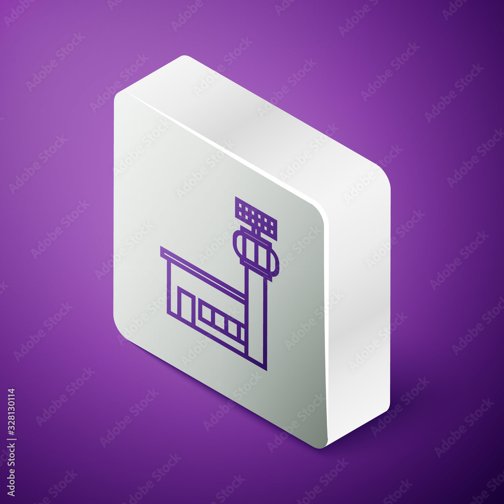 Isometric line Airport control tower icon isolated on purple background. Silver square button. Vecto