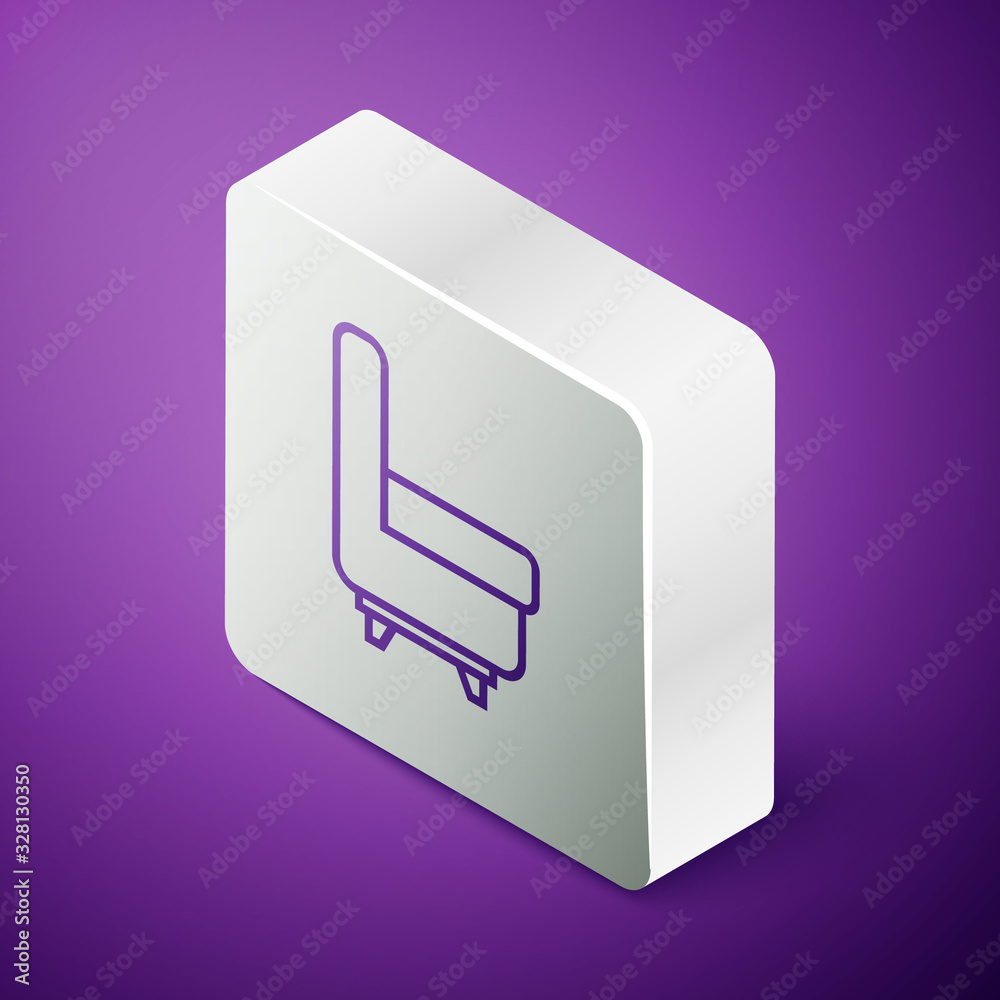 Isometric line Armchair icon isolated on purple background. Silver square button. Vector Illustratio