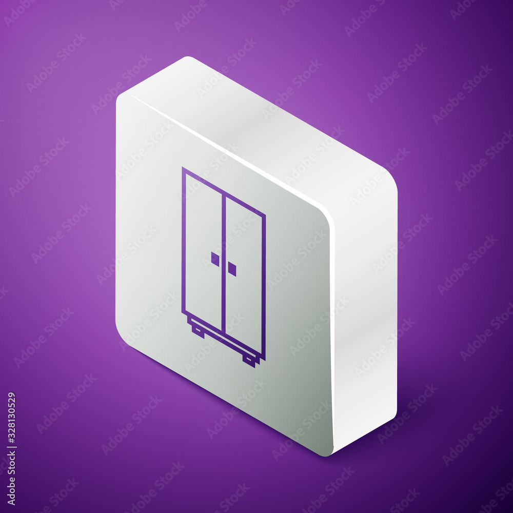 Isometric line Wardrobe icon isolated on purple background. Silver square button. Vector Illustratio