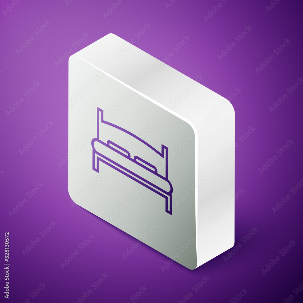 Isometric line Big bed for two or one person icon isolated on purple background. Silver square butto