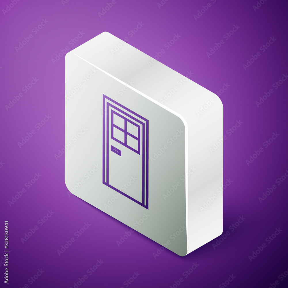 Isometric line Closed door icon isolated on purple background. Silver square button. Vector Illustra