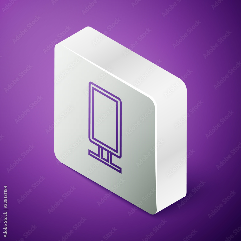 Isometric line Big full length mirror for bedroom, shops, backstage icon isolated on purple backgrou