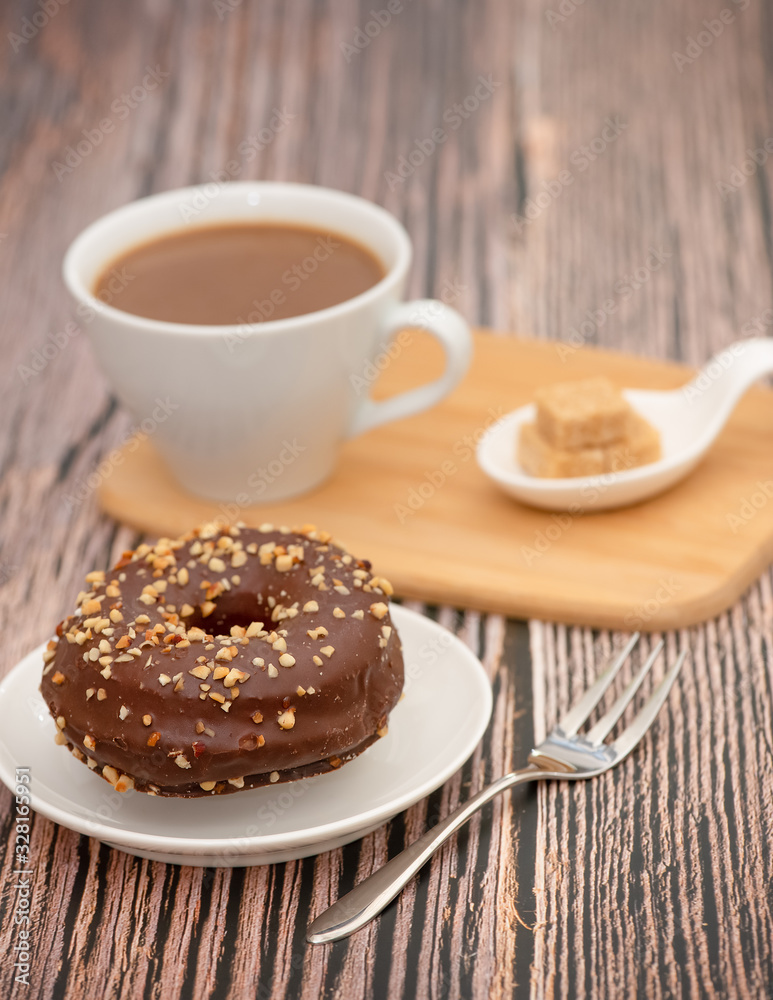 Dessert, Donuts, chocolate and strawberry circles, sugar and cream on Donuts and hot coffee cups, pr