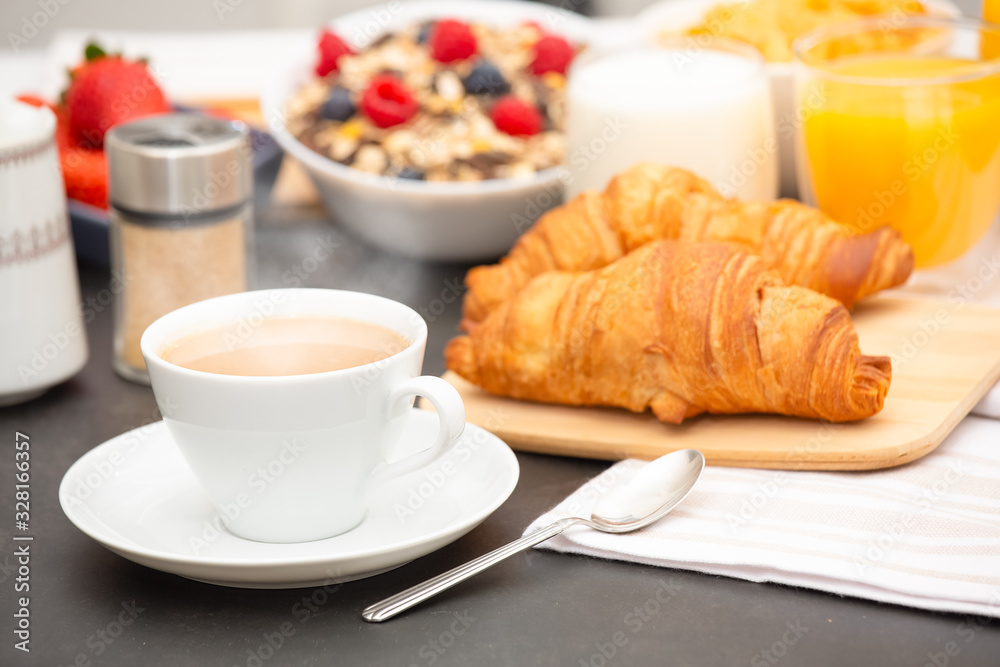 Breakfast Served in the morning with Hot black coffee and croissants Natural corn flake breakfast ce