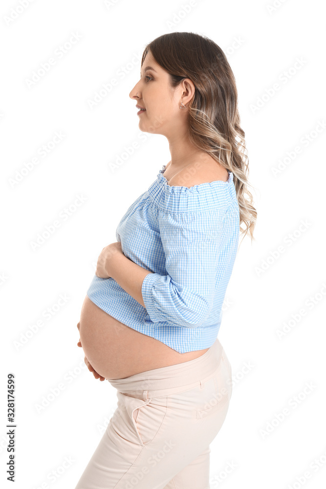 Beautiful pregnant woman on white background