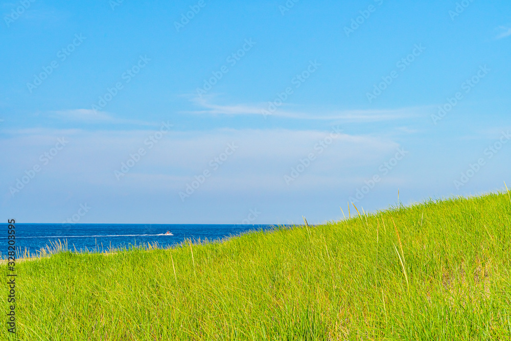 Beach, Sand Dunes and Grass on north side of the Provincelands Cape Cod, Atlantic ocean view MA US .