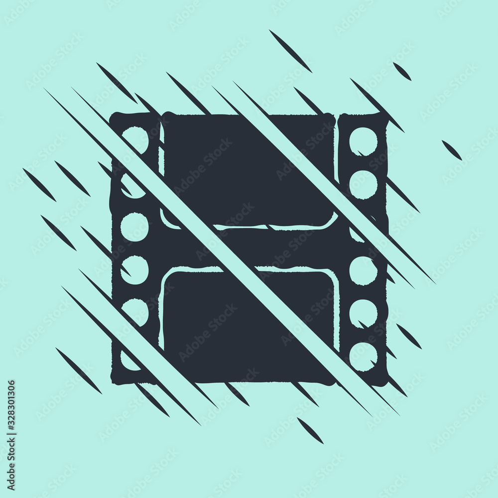 Black Play Video icon isolated on green background. Film strip sign. Glitch style. Vector Illustrati