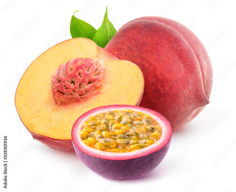 Isolated mixed fruits. Cut peach and passion fruit isolated on white background with clipping path