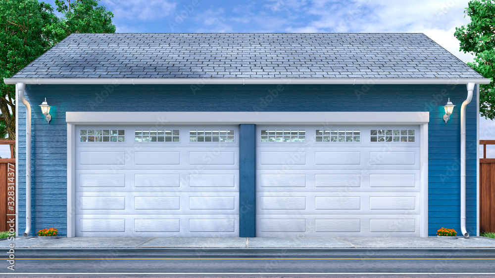 Garage entrance with sectional doors. 3d illustration