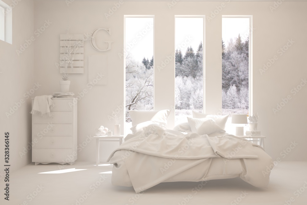 Modern bedroom in white color. Scandinavian interior design. 3D illustration