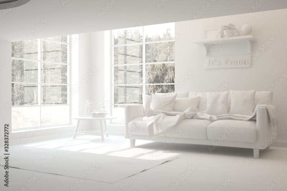 Mock up of minimalist living room in white color with sofa. Scandinavian interior design. 3D illustr