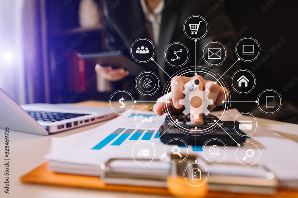 business woman hand working with laptop computer, tablet and smart phone in office with digital mark