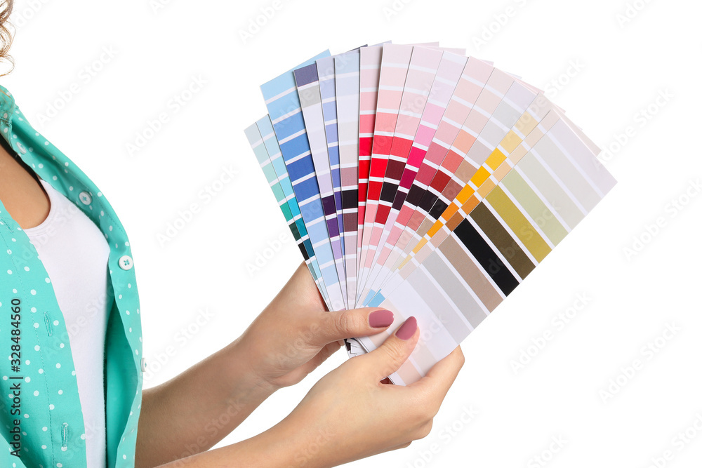 African-American woman with color palettes on white background