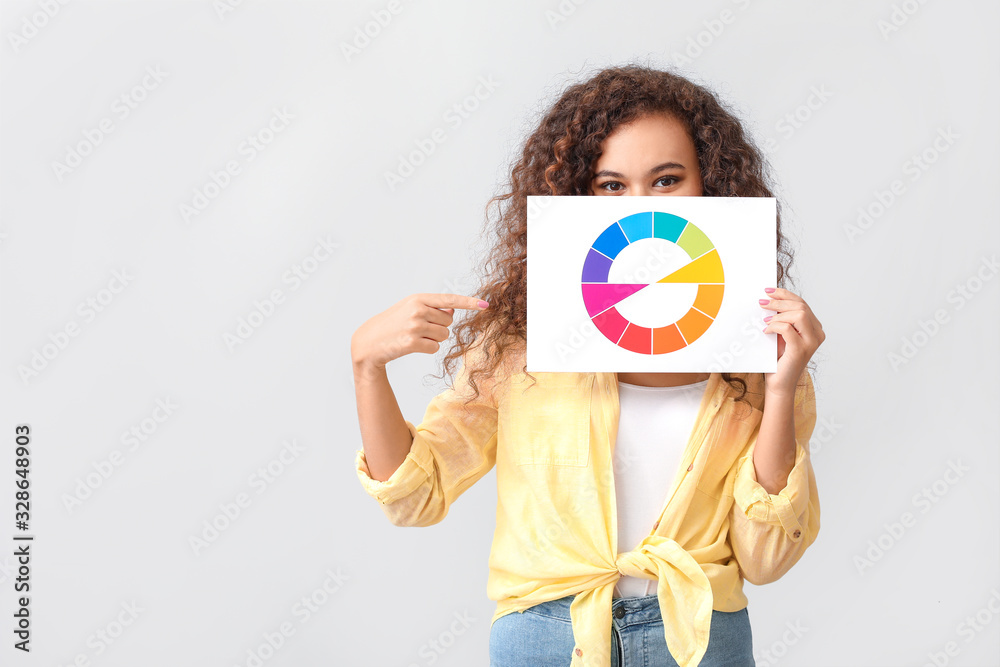 African-American woman with color palette on grey background