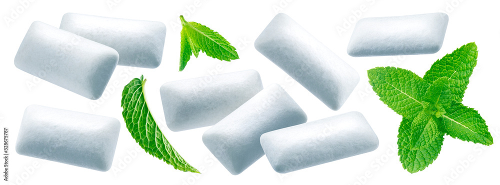 Chewing gum pads with mint leaves isolated on white background