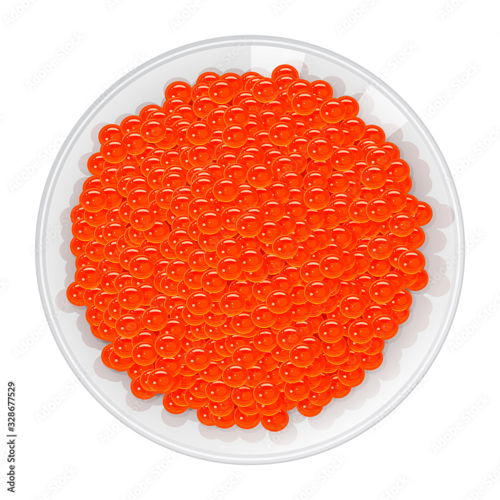 red caviar in porcelain plate on white background. Cartoon style. Vector illustration. Isolated on w