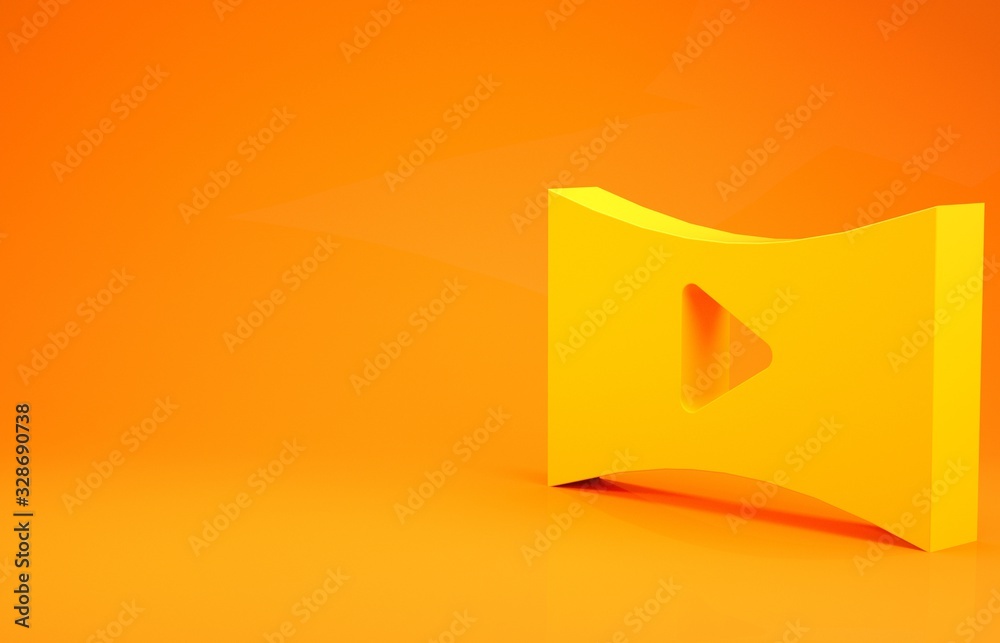 Yellow Online play video icon isolated on orange background. Film strip with play sign. Minimalism c