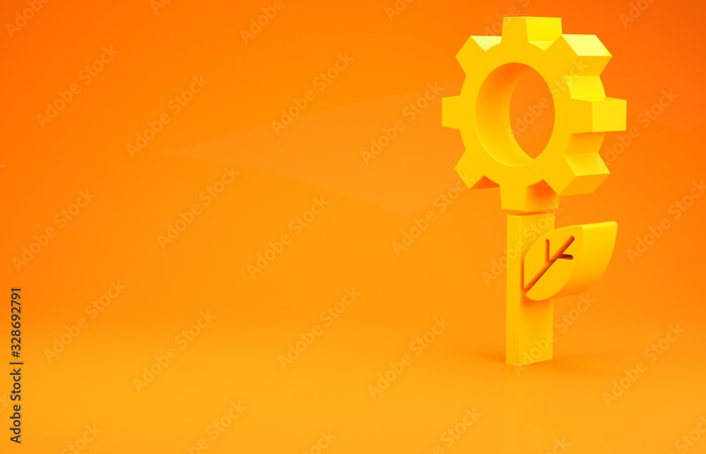 Yellow Leaf plant ecology in gear machine icon isolated on orange background. Eco friendly technolog