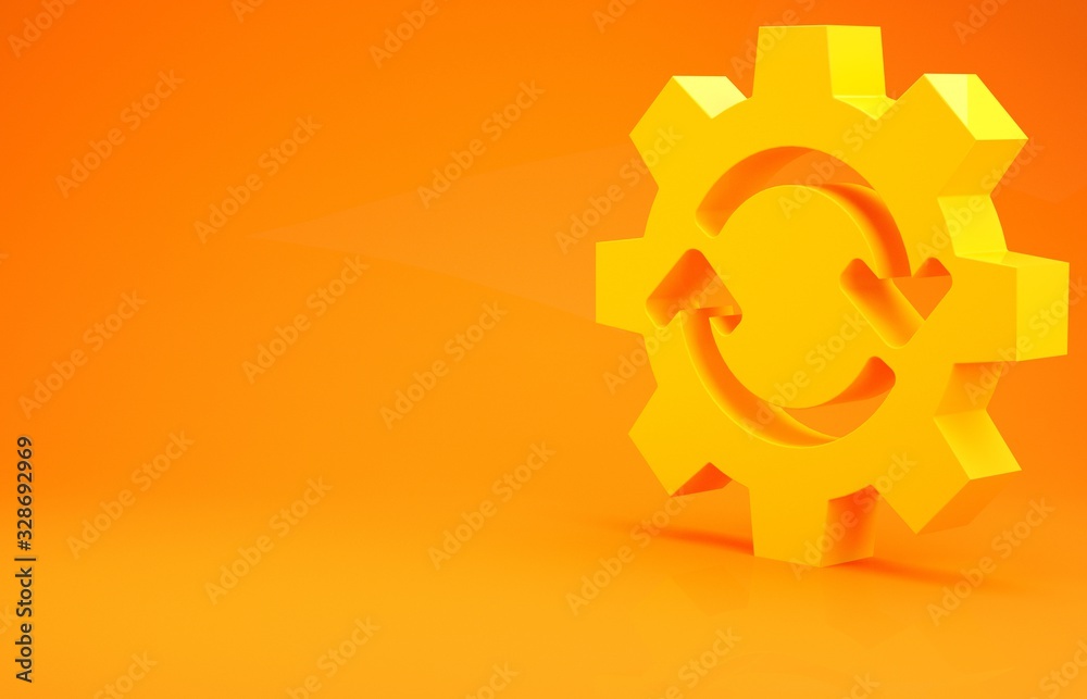 Yellow Gear and arrows as workflow concept icon isolated on orange background. Gear reload sign. Min