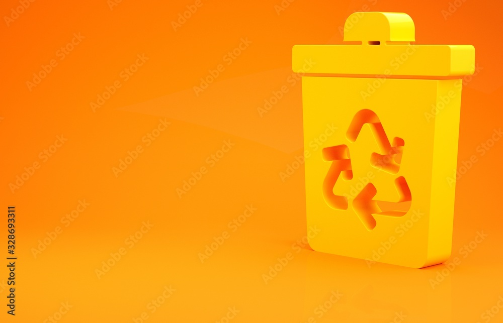 Yellow Recycle bin with recycle symbol icon isolated on orange background. Trash can icon. Garbage b