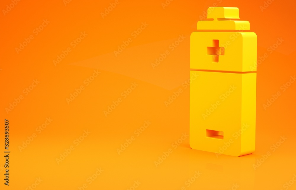 Yellow Battery icon isolated on orange background. Lightning bolt symbol. Minimalism concept. 3d ill