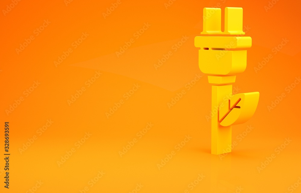 Yellow Electric saving plug in leaf icon isolated on orange background. Save energy electricity. Env