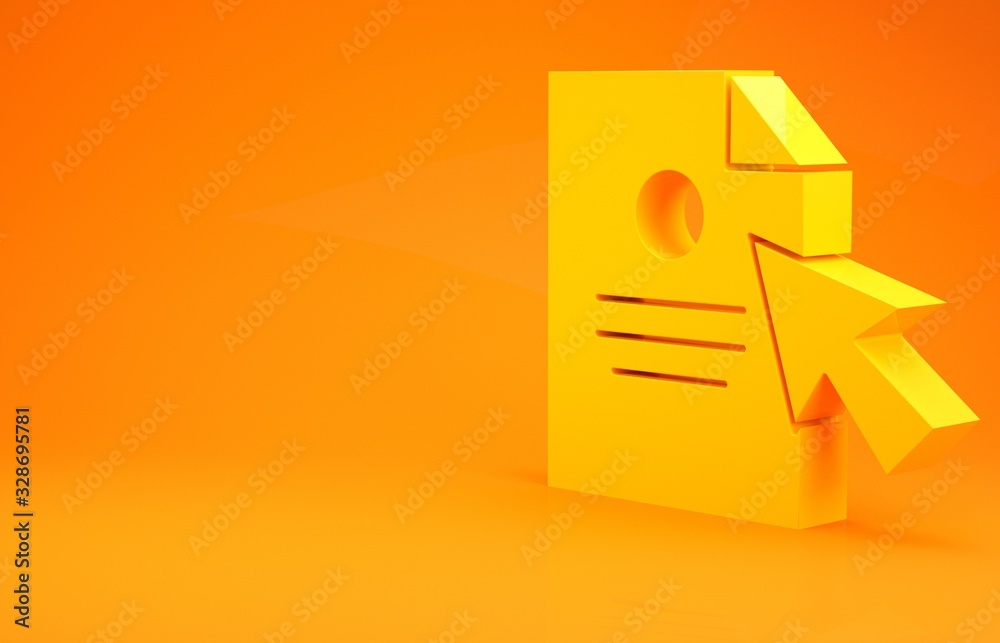 Yellow Document and cursor icon isolated on orange background. File icon. Checklist icon. Business c