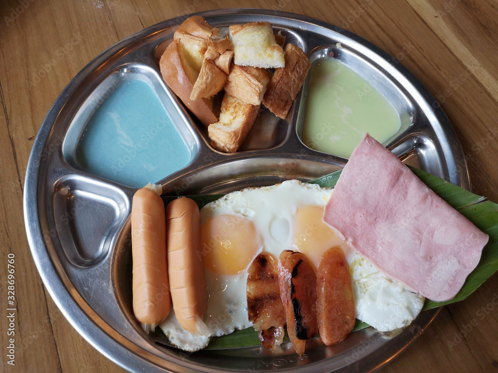 american breakfast on the wooden table