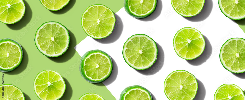 Fresh green limes overhead view - flat lay