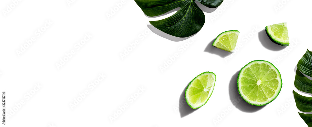 Fresh green limes overhead view - flat lay