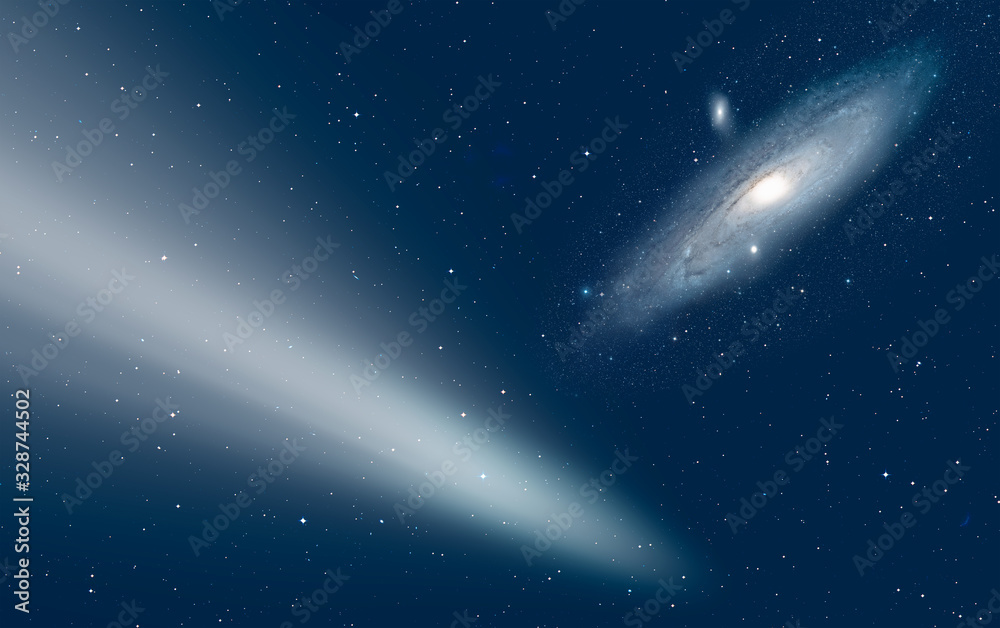 Comet on the space with Andromeda Galaxy Elements of this image furnished by NASA 