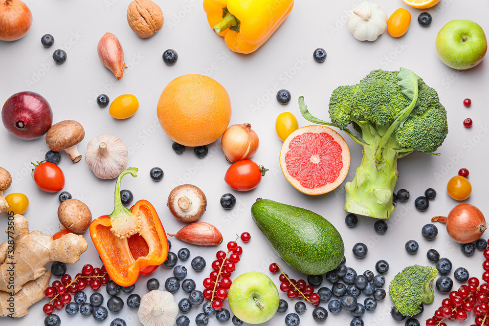 Healthy products on white background