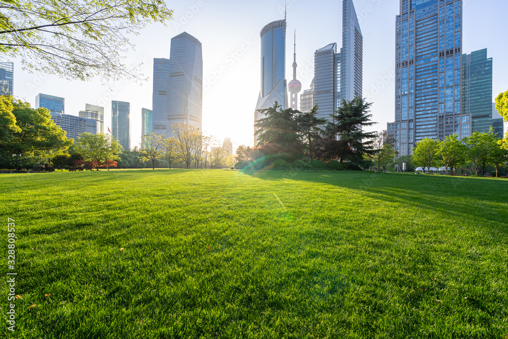 city skyline with park