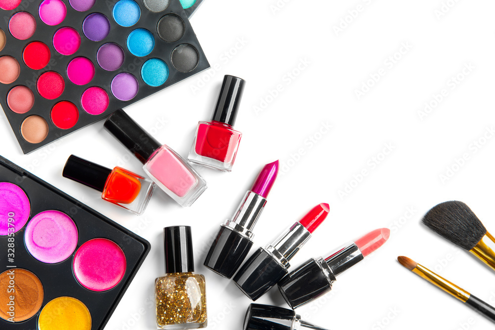 Makeup. Make-up Set Palette with colorful eyeshadows. Various cosmetics Brushes, lipgloss, lipstick,