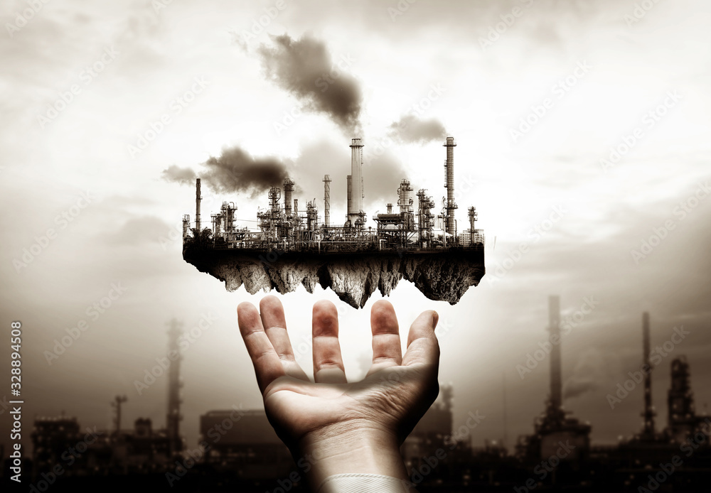 Future factory plant and energy industry concept in creative graphic design. Oil, gas and petrochemi