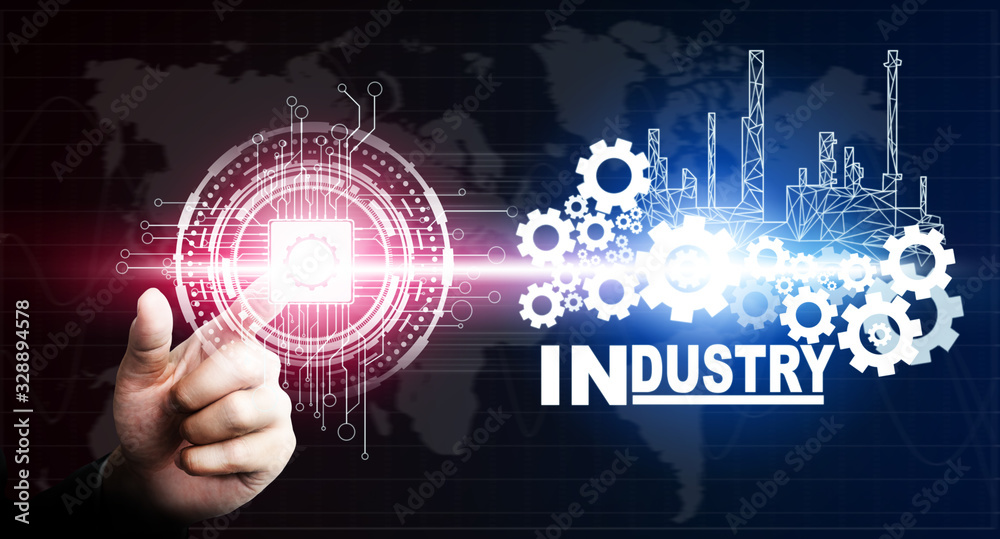 Futuristic industry 4.0 concept - Engineering with graphic interface showing automation design, robo