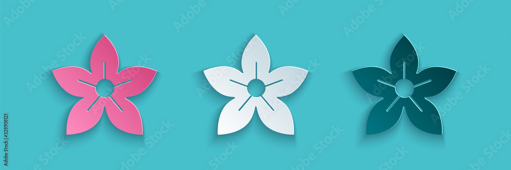 Paper cut Lotus flower icon isolated on blue background. Paper art style. Vector Illustration