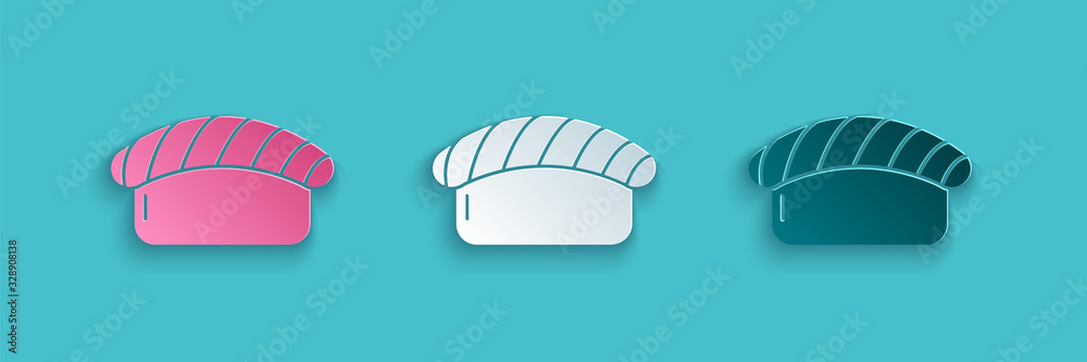 Paper cut Sushi icon isolated on blue background. Traditional Japanese food. Paper art style. Vector