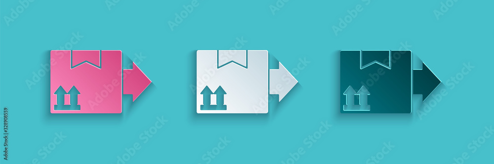 Paper cut Cardboard box with traffic symbol icon isolated on blue background. Box, package, parcel. 