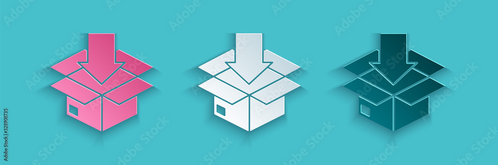 Paper cut Cardboard box with traffic symbol icon isolated on blue background. Box, package, parcel. 