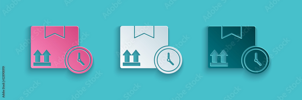 Paper cut Carton cardboard box and fast time delivery icon isolated on blue background. Box, package