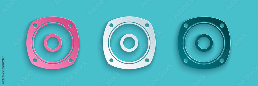 Paper cut Stereo speaker icon isolated on blue background. Sound system speakers. Music icon. Musica