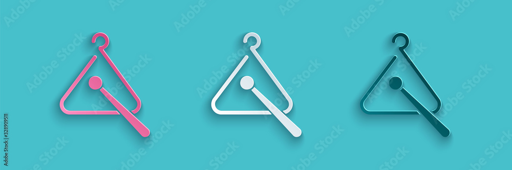 Paper cut Triangle musical instrument icon isolated on blue background. Paper art style. Vector Illu