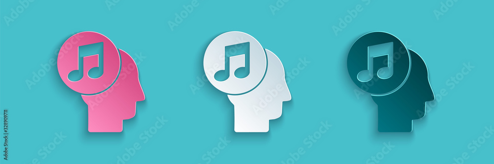 Paper cut Musical note in human head icon isolated on blue background. Paper art style. Vector Illus