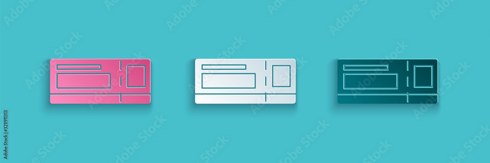 Paper cut Travel ticket icon isolated on blue background. Train, ship, plane, tram, bus transport. T