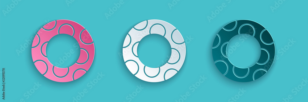 Paper cut Rubber swimming ring icon isolated on blue background. Life saving floating lifebuoy for b